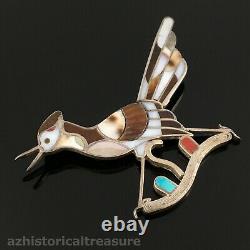 Eddie Beyuka Native American Zuni Silver Stone Inlay Roadrunner Pin Brooch