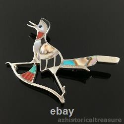 Eddie Beyuka Native American Zuni Silver Stone Inlay Roadrunner Pin Brooch