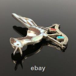 Eddie Beyuka Native American Zuni Silver Stone Inlay Roadrunner Pin Brooch