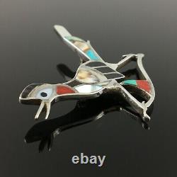 Eddie Beyuka Native American Zuni Silver Stone Inlay Roadrunner Pin Brooch