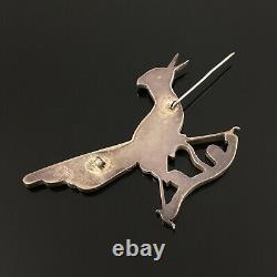 Eddie Beyuka Native American Zuni Silver Stone Inlay Roadrunner Pin Brooch