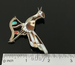 Eddie Beyuka Native American Zuni Silver Stone Inlay Roadrunner Pin Brooch