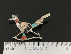 Eddie Beyuka Native American Zuni Silver Stone Inlay Roadrunner Pin Brooch