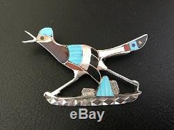 Eddie Beyuka Zuni Eab Sterling Mosaic Inlay Bird Roadrunner Pin Brooch