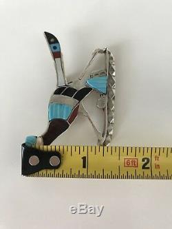 Eddie Beyuka Zuni Eab Sterling Mosaic Inlay Bird Roadrunner Pin Brooch