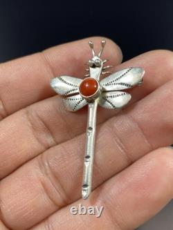 Edgar Platero Navajo VTG Native American Sterling Silver Coral Dragonfly Brooch