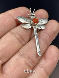 Edgar Platero Navajo VTG Native American Sterling Silver Coral Dragonfly Brooch
