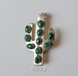 Ella Peter Navajo Sterling Silver Malachite Saguaro Cactus Pendant Brooch Pin