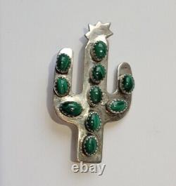 Ella Peter Navajo Sterling Silver Malachite Saguaro Cactus Pendant Brooch Pin