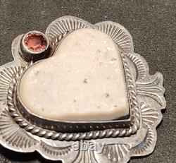 Elvis Nelson Navajo Druzy Quartz Heart Pin Brooch Sterling Silver Native Am