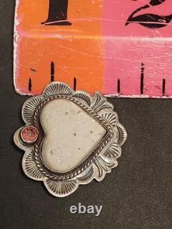 Elvis Nelson Navajo Druzy Quartz Heart Pin Brooch Sterling Silver Native Am
