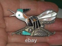 Estate roadrunner sterling silver horn turquoise MOP spiny oyster pin pawn 2.25