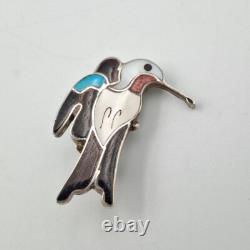 Eva Etsate Zuni Sterling Silver Gemstone Inlay Hummingbird Brooch Pin Pendant
