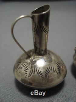 Exceptional Vintage Navajo Sterling Silver Pot Vase Set Old