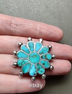 Exceptional Vtg c. 1950 Zuni Handmade Sterling Silver Turquoise Inlay Pin Brooch