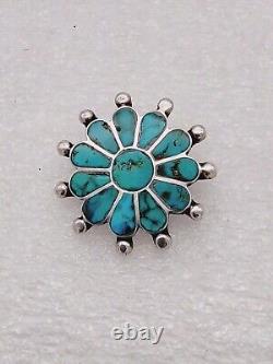 Exceptional Vtg c. 1950 Zuni Handmade Sterling Silver Turquoise Inlay Pin Brooch