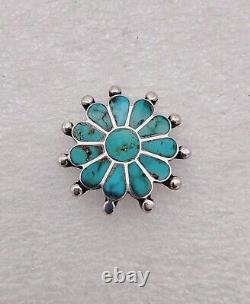 Exceptional Vtg c. 1950 Zuni Handmade Sterling Silver Turquoise Inlay Pin Brooch