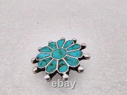 Exceptional Vtg c. 1950 Zuni Handmade Sterling Silver Turquoise Inlay Pin Brooch