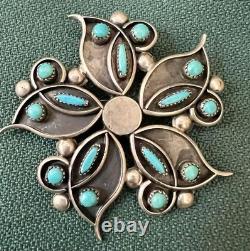 Exceptionally Lovely Zuni Silver Native American Turquoise Signed Vintage Brooch