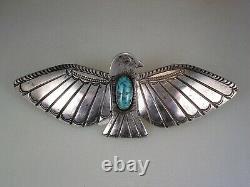 Extra Large Navajo Stamped Sterling Silver & Turquoise Thunderbird Pin Brooch