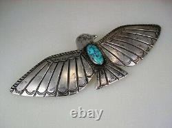 Extra Large Navajo Stamped Sterling Silver & Turquoise Thunderbird Pin Brooch