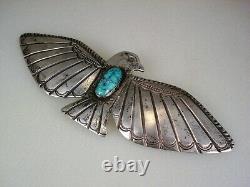 Extra Large Navajo Stamped Sterling Silver & Turquoise Thunderbird Pin Brooch