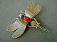 Fatoya Yazzie Native American Navajo Coral Sterling Silver Dragonfly Pin Brooch