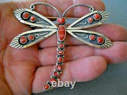 FEDERICO JIMENEZ Southwest Coral Sterling Silver Overlay Dragonfly Pin 3 x 3.4