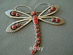 FEDERICO JIMENEZ Southwest Coral Sterling Silver Overlay Dragonfly Pin 3 x 3.4
