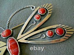 FEDERICO JIMENEZ Southwest Coral Sterling Silver Overlay Dragonfly Pin 3 x 3.4