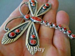 FEDERICO JIMENEZ Southwest Coral Sterling Silver Overlay Dragonfly Pin 3 x 3.4