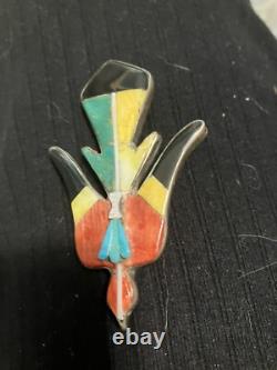 FINE Zuni Silver Pin Brooch Peyote Water Bird Native American Bold Colors