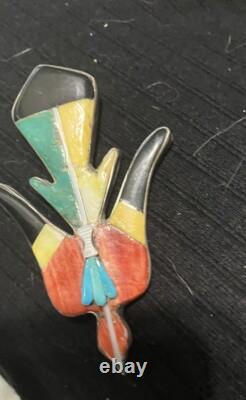 FINE Zuni Silver Pin Brooch Peyote Water Bird Native American Bold Colors