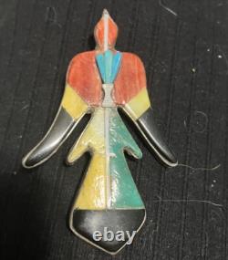FINE Zuni Silver Pin Brooch Peyote Water Bird Native American Bold Colors