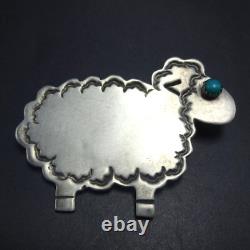 FLUFFY SHEEP Signed NAVAJO Hand Stamped Sterling Silver TURQUOISE PIN/BROOCH