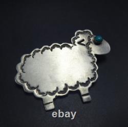 FLUFFY SHEEP Signed NAVAJO Hand Stamped Sterling Silver TURQUOISE PIN/BROOCH