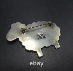 FLUFFY SHEEP Signed NAVAJO Hand Stamped Sterling Silver TURQUOISE PIN/BROOCH