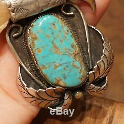 Fab Vintage Navajo Pendant Or Pin Turquoise Silver Bear Claw Collector Piece