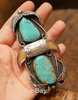 Fab Vintage Navajo Pendant Or Pin Turquoise Silver Bear Claw Collector Piece