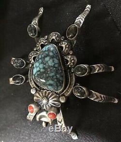 Fabulous Navajo Signed Turquoise And Coral Tarantula Pin/Pendant