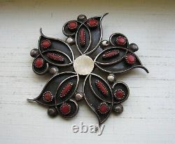 Fabulous Old Pawn Navajo Native Sterling Silver Coral Flower Brooch Pin