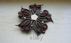 Fabulous Old Pawn Navajo Native Sterling Silver Coral Flower Brooch Pin