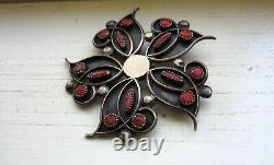 Fabulous Old Pawn Navajo Native Sterling Silver Coral Flower Brooch Pin