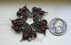 Fabulous Old Pawn Navajo Native Sterling Silver Coral Flower Brooch Pin