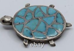 Fine Native American Navajo sterling silver & turquoise inlay turtle pin, brooch