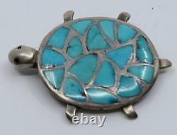 Fine Native American Navajo sterling silver & turquoise inlay turtle pin, brooch