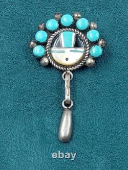 Fine Sterling Silver Zuni Pin, Pendant w Oval Turquoise Setting 1 3/4 by 3/4 in