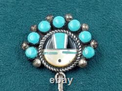 Fine Sterling Silver Zuni Pin, Pendant w Oval Turquoise Setting 1 3/4 by 3/4 in