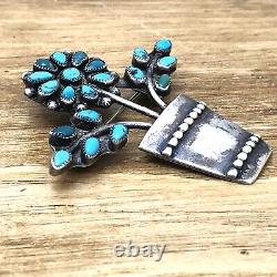Flower Petit Point Zuni Turquoise Pin Brooch 2in Sterling Silver 925 11g VTG