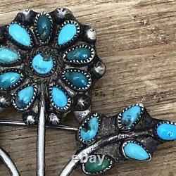 Flower Petit Point Zuni Turquoise Pin Brooch 2in Sterling Silver 925 11g VTG